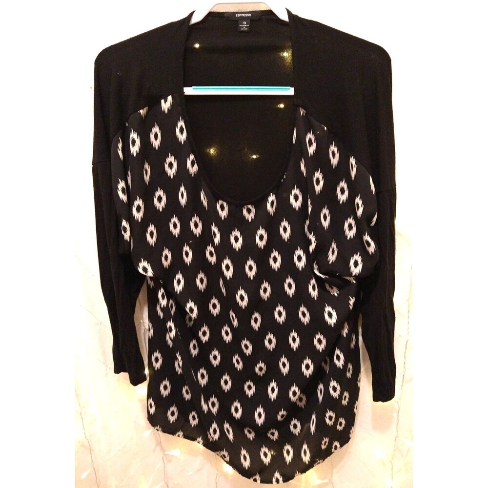 ESPRESSO WOMENS BLACK 1X BLOUSE SCOOP NECK TUNIC LONG SLEEVE DIAMOND IKAT CASUAL